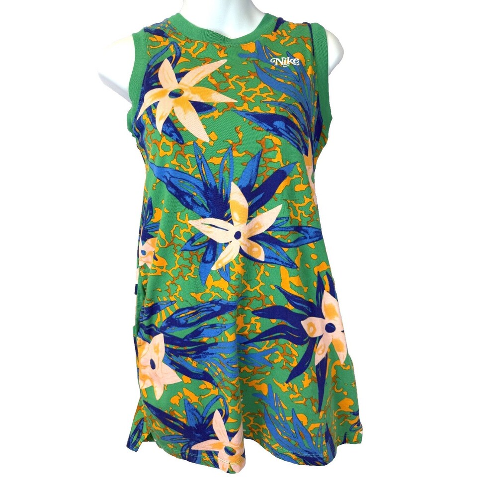 Vintage Nike Girls Floral Cotton Jersey Tennis Dress - Green/Blue/Orange - F4-04